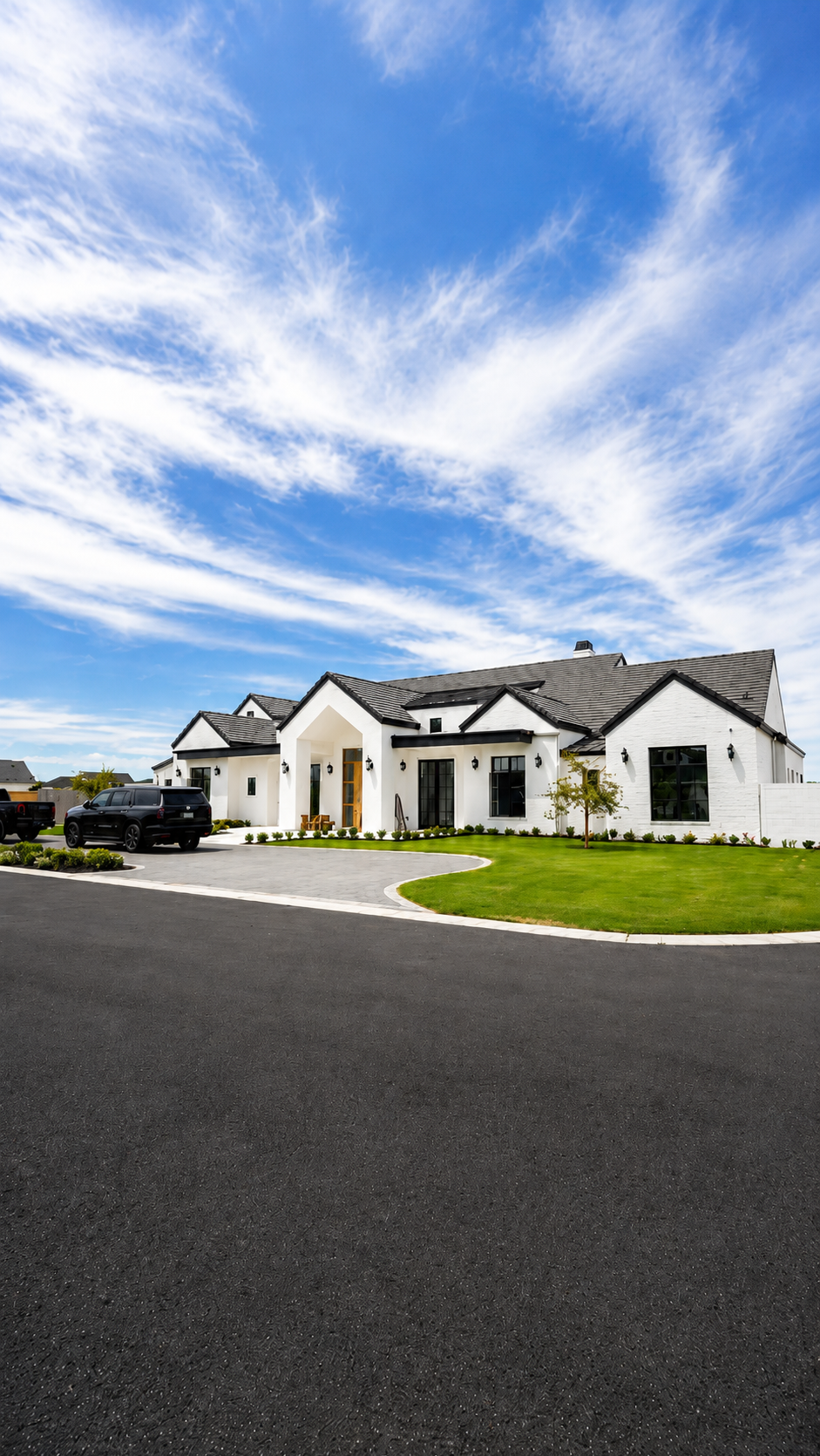 A modern single-story white house with a dark gray roof, set on a green lawn with a black asphalt driveway in the foreground under a bright blue sky with wispy white clouds.