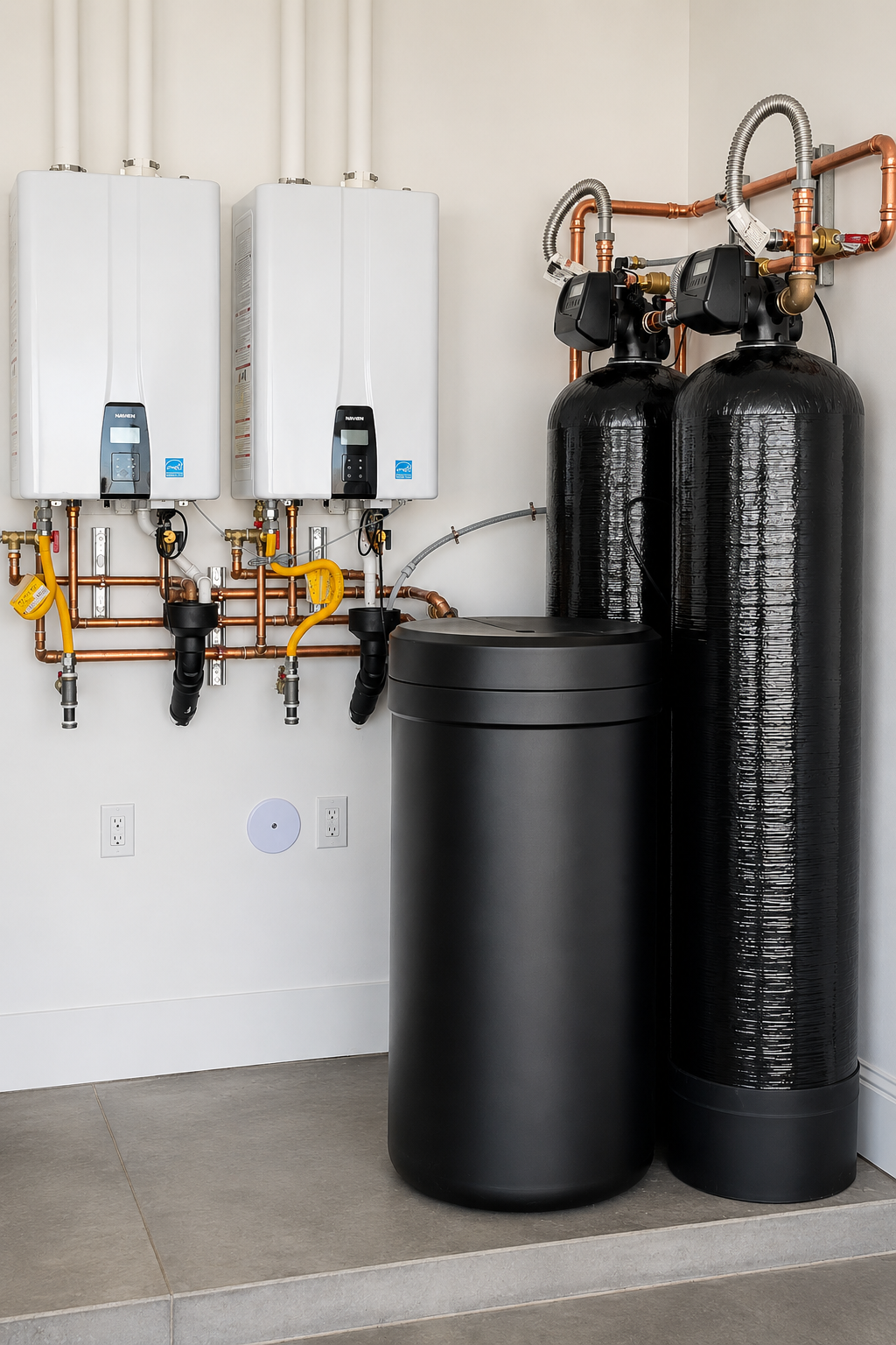Water filtration system components including two white boiler heaters, copper piping, two tall black cylindrical tanks, and a large black canister filter on a gray tiled floor against a white wall.