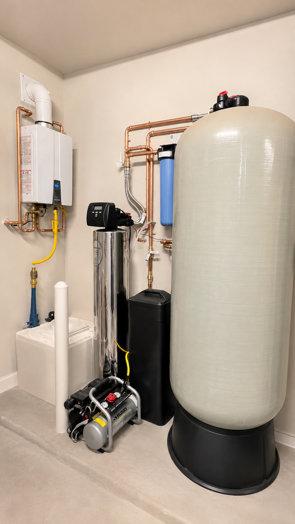 Water filtration system components including a large beige cylindrical tank, copper piping, a black pump, and other plumbing equipment in a utility room.