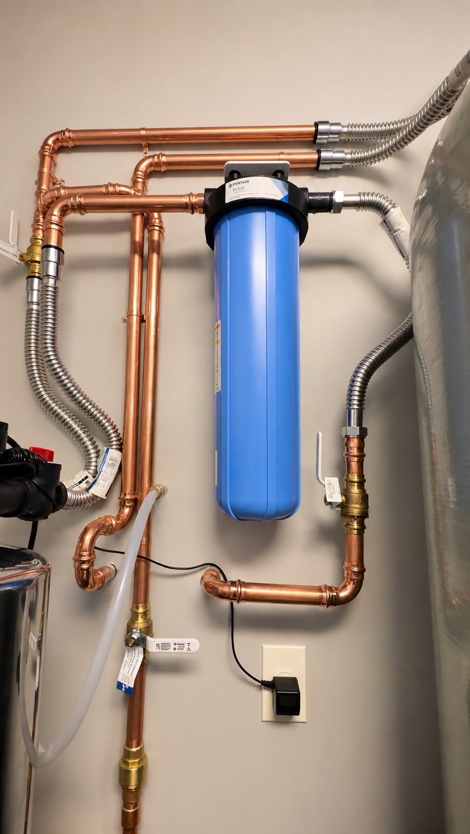 A blue cylindrical water filter cartridge mounted on a beige wall, connected to copper pipes and metal supply lines with a power adapter plugged into an outlet below.