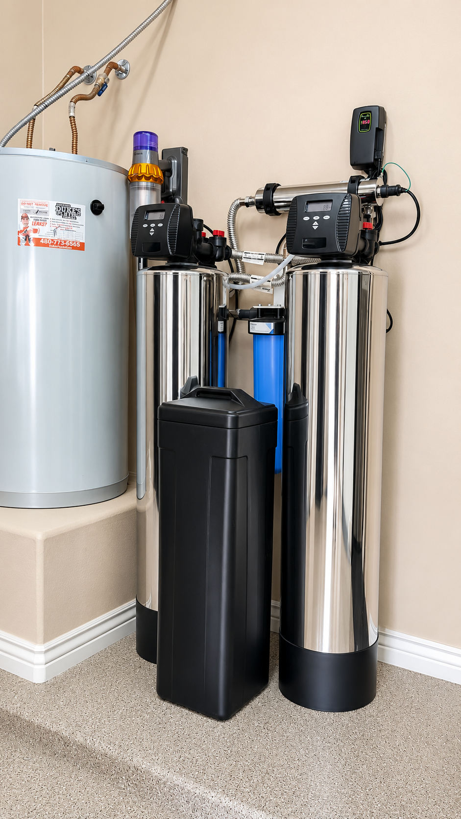 A residential water filtration system with two tall stainless steel cylindrical tanks, a black digital control unit, blue filter cartridges, and a black trash can, set against a beige wall and carpeted floor.